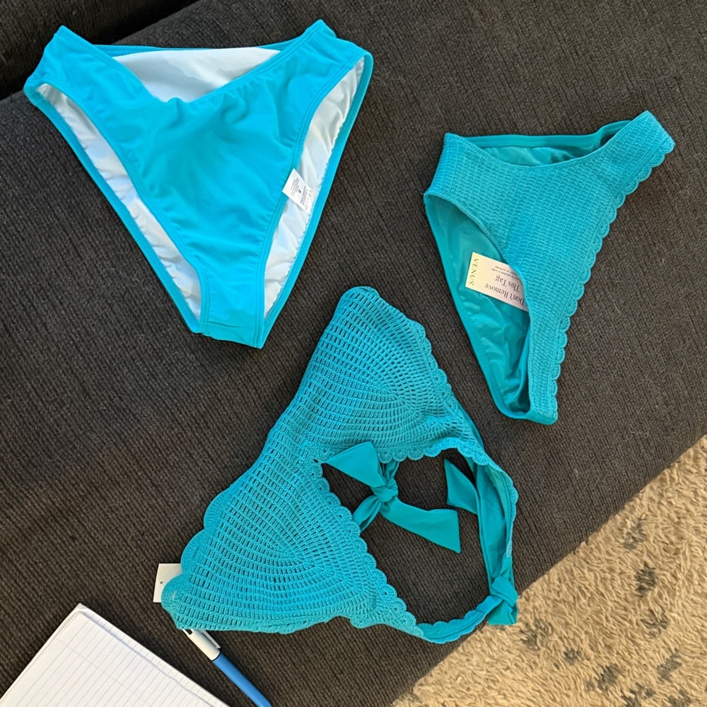 VENUS Teal Crochet-Trim Bikini Top and two matching bottoms